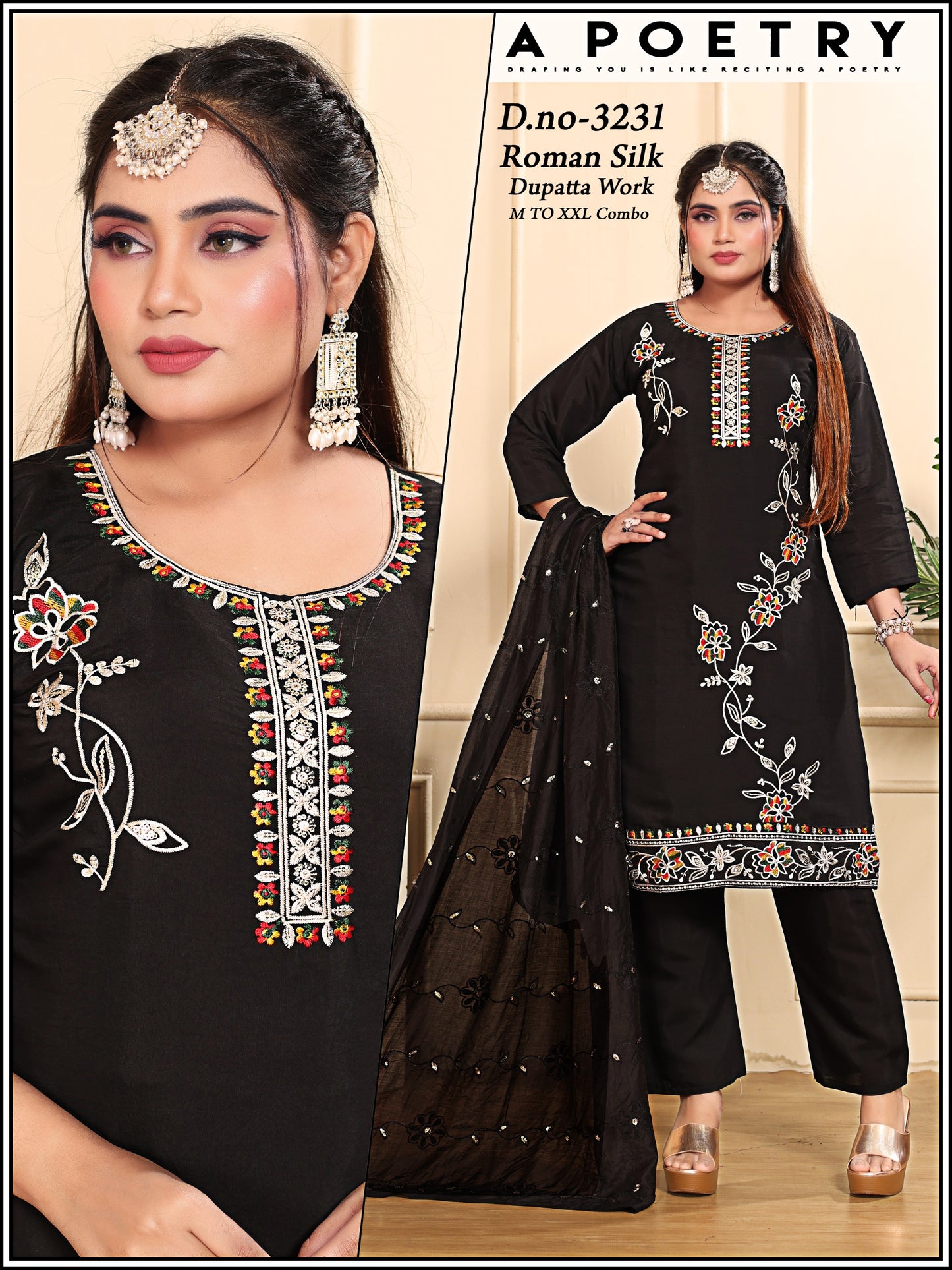Roman silk embroidery work design 3pcs set